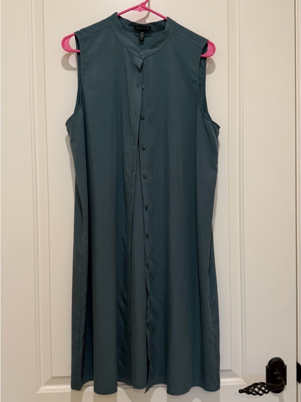 Eileen Fisher Sleeveless Band-Collar Button Front Top in Teal Blue/Green